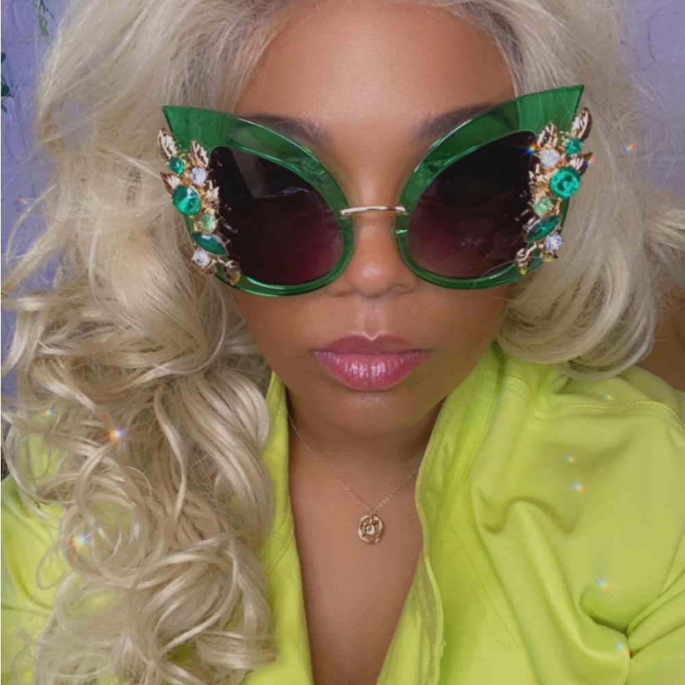 (2/$20) Green cat eye butterfly rhinestone bling embellished sunglasses.